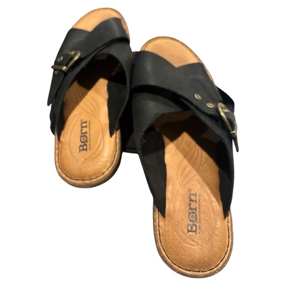 Born Wedge Shoes Black Leather Sandals Heels Slip On Open Toe Size 8 - Picture 7 of 7